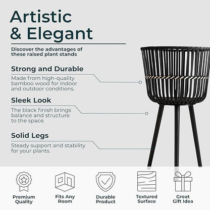 Decorative Bamboo Footed Planters for Home Decor - Garden Plant Pots for Indoor Living Room Decor or Outdoor Patio Areas - Flower Pots for Entryway and Backyard - Set of 3, 27", 23", 19", Black
