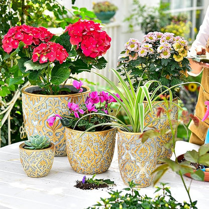 Sungmor Large Heavy Duty Cement Planters, Beautiful Embossed Concrete Garden Pots, 8" & 10" Set of 2 Plant Pots with Drainage Hole, Home Garden Decorative Flower Pots for Indoor Outdoor Plants Floral