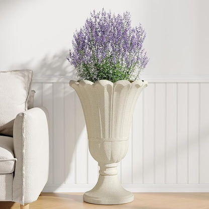 23" Tall Planters for Outdoor Plants Set of 2, Planter with Drainage Holes and Petal Design, Large Outdoor Planters for Porch, Garden, Indoor, Beige