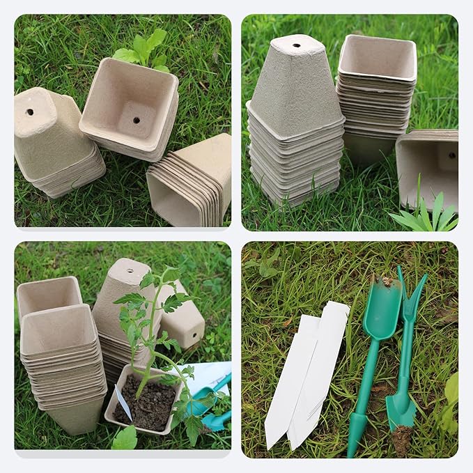 50Pcs Biodegradable Seedling Pots Seed Starter Kit 3.15 Inch Square Peat Pot with Drainage Holes, Plant Labels, Seedling Pickers & Garden Shovels