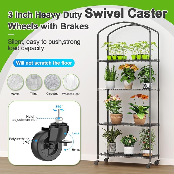Abimars 4-Tier Greenhouse with Wheels, Height-Adjustable Shelves Metal Plant Shelf with PVC Cover for Seed Starting Trays, Seedling Pots, Plant Pots, 13x29x73inch