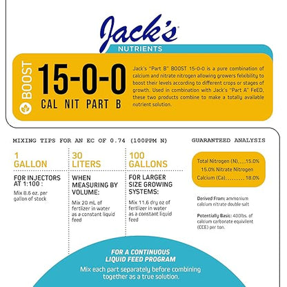 Jack's Classic Nutrients 15-0-0 Part B Calcium Nitrate Water-Soluble Fertilizer for Calcium Uptake and Strong Leaf Growth in Continuous Liquid Feed Programs, 25lbs