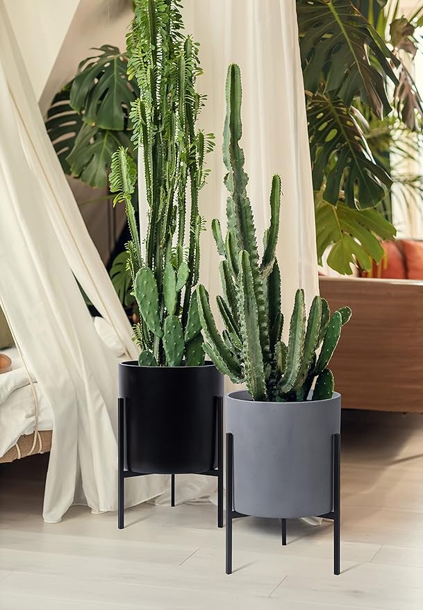D'vine Dev Mid Century Fiberglass Resin Planter Pot with Iron Stand, 10 inch, Matte Black, 96-A-2-M