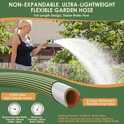 Non-Expandable Garden Hose 75 ft, Ultra Lightweight Flexible Water Hose with 10-Pattern Nozzle, Leak-Proof, High-Density Fabric, Thickened Connector, Shut-Off Valve for Yard, Lawn, Outdoor