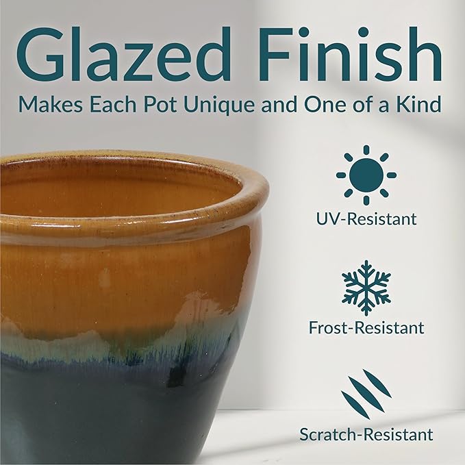 Sunnydaze Round Ceramic Planter - Set of 2 Indoor or Outdoor Plant Pots with Drainage Hole - Chalet - 12" - Forest Lake Green Glaze