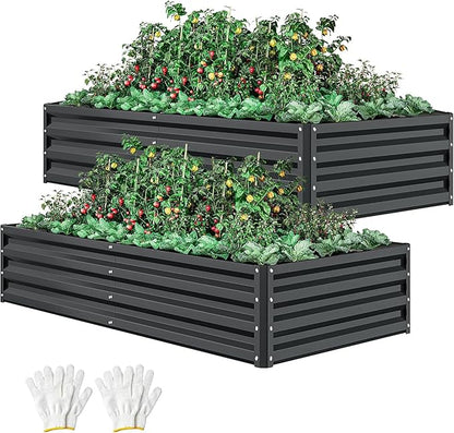 DWVO 2pcs 8 x 4 x 1 FT Raised Garden Bed Kit, Outdoor Galvanized Flower Bed with Safety Rubber and Gloves, Large Metal Planter Box for Vegetables, Flowers, Herbs, Fruits, Black