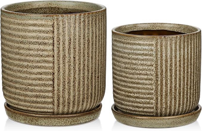 Oairse Ceramic Pots for Indoor Plants, 6.1 +4.9 inch Pots for Plants Set of 2 Brown Plant Pots with Drainage Holes and Saucers Texture Ceramic Planters Indoor Outdoor Flower Pot for Succulent