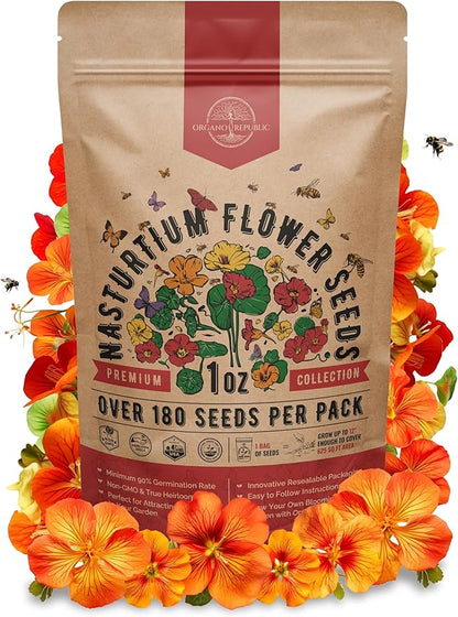 Nasturtium Seeds Pack 1 oz - Non-GMO Heirloom Flower Seeds for Planting, Edible Flowers in Individual Seed Packet, Nasturtium Seed for Planting Home Garden Indoor & Outdoor Gardening