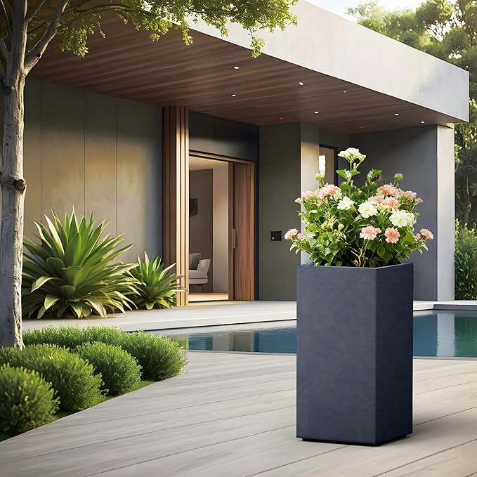 Kante 27.6" H Tall Rectangular Concrete Planter, Modern Square Diameter Plant Pot with Drainage Hole and Rubber Plug for Indoor Outdoor Home Patio Garden, Charcoal