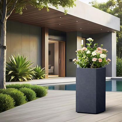 Kante 27.6" H Tall Rectangular Concrete Planter, Modern Square Diameter Plant Pot with Drainage Hole and Rubber Plug for Indoor Outdoor Home Patio Garden, Charcoal