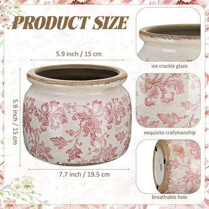 7.7" Large Ceramic Plant Pot Beige Pink Floral Vine Crackle Glaze Rustic Flowers Pot Decorative Planter with Drainage for Indoor Outdoor Plants Home Kitchen Office Decor Gift