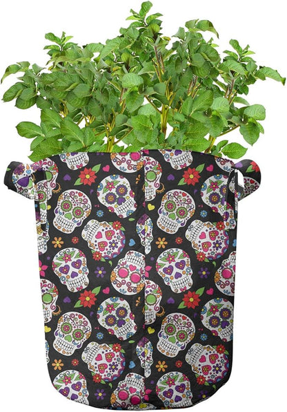 Ambesonne Colorful Grow Bags 5-Pack, Sugar Skulls Flowers, Heavyduty Fabric Pots with Handles for Plants, Black Fuchsia