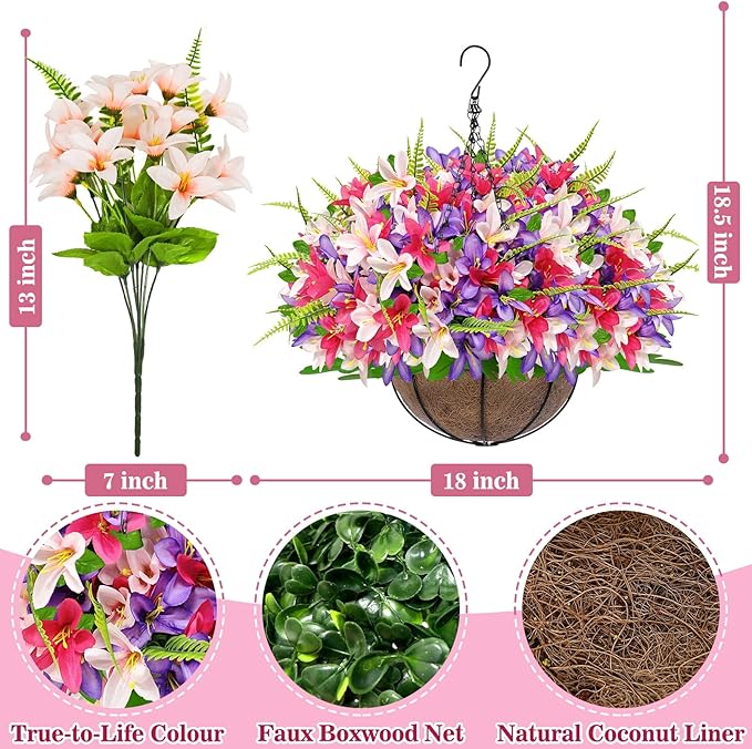 Faux Hanging Plants Flowers Basket Hyacinth & Boston Ferns for Outdoor Outside Spring Summer Decoration, UV Resistant Colorful Fake Silk Flower Hanging Planter for Porch Home Patio Balcony Yard Decor