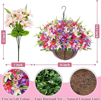 Faux Hanging Plants Flowers Basket Hyacinth & Boston Ferns for Outdoor Outside Spring Summer Decoration, UV Resistant Colorful Fake Silk Flower Hanging Planter for Porch Home Patio Balcony Yard Decor