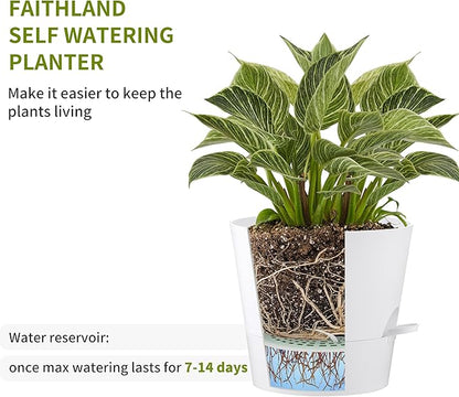 FaithLand 2-Pack 8 Inch Planter Pots for Indoor Outdoor Plants, Self Watering Flower Pots with Deep Reservoir, White …