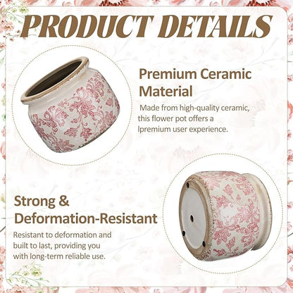 7.7" Large Ceramic Plant Pot Beige Pink Floral Vine Crackle Glaze Rustic Flowers Pot Decorative Planter with Drainage for Indoor Outdoor Plants Home Kitchen Office Decor Gift