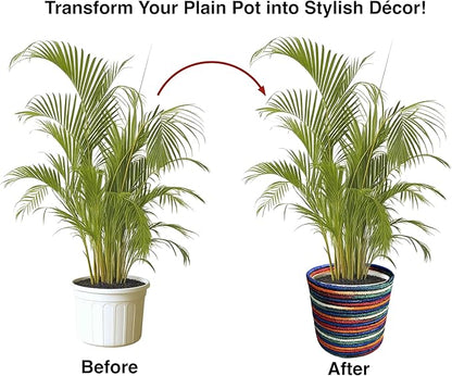 Planter Basket Set – 5-Piece Handwoven Jute Planter Basket for Home Decor, Nursery, or Indoor Plants (5'' to 8'' Diameter, 4.75'' to 7.75'' Height) – Fold & Wrinkle Free - Rainbow Stripe
