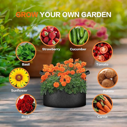 iPower 5-Pack 10 Gallon Plant Grow Bags Thickened Nonwoven Aeration Fabric Pots Heavy Duty Durable Container, Strap Handles for Garden, Black