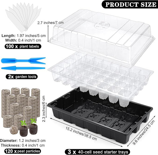 3 Pack Seed Starter Tray Kit 120-Cells Germination Starter Tray with Humidity Dome and Base Including 120 Peat Pellets, Plant Labels, Tool, Plastic Plant Growing Tray for Garden Planting, Black