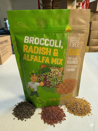 Todd's Seeds Sprouting Seed Mix; Broccoli, Radish, Alfalfa, Non-GMO, Chemical Free, High Germination (1/4 Pound)