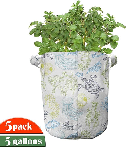 Ambesonne White Damask Grow Bags 5-Pack, Flourish Curls Strokes, Heavyduty Fabric Pots with Handles for Plants, Charcoal Grey