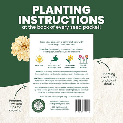 Zinnia California Giants - Large 2,500mg Envelope - 250 Flower Seeds for Planting - Zinnia elegans