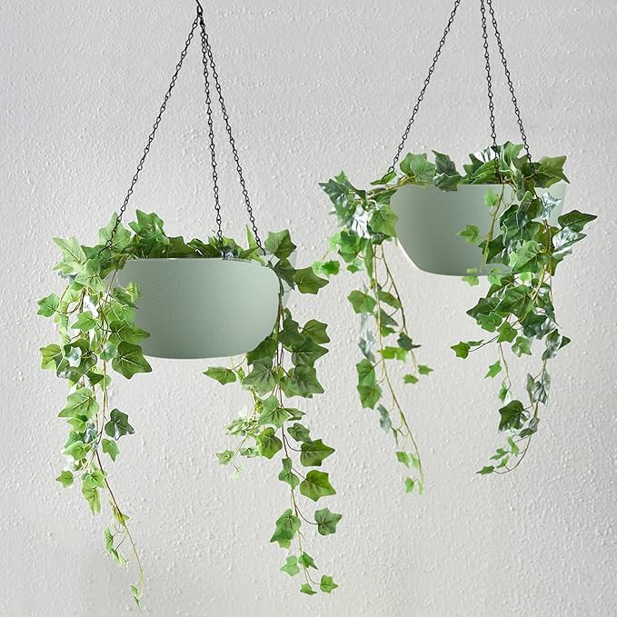 WOUSIWER 13 inch 2 Pack Large Hanging Planters for Indoor Outdoor Plants with Drainage Holes and Chain, Round Hanging Flower Pots for Garden Home Porch Decor, Green