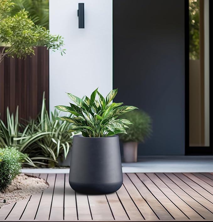 Kante 9.8-Inch Dia Round Concrete Garden Pot with Drainage Hole & Rubber Plug - Indoor/Outdoor Lagre Plant Pot for Home, Garden, Patio, Charcoal