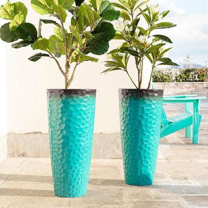 Glitzhome 31" H Oversized Tall Planter, Set of 2 Honeycomb Textured Gradient Turquoise Plastic Tall Outdoor Planters with Drainage Holes, Round Large Flower Pots for Indoor Outdoor Front Door Patio