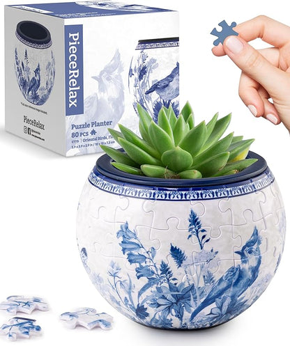 PieceRelax 3D Puzzle Planter 80 Pieces - Flower Pot - Oriental Birds and Flowers, Home Decor Flower Pots for Indoor Cactus, Succulents Pots [K1115]