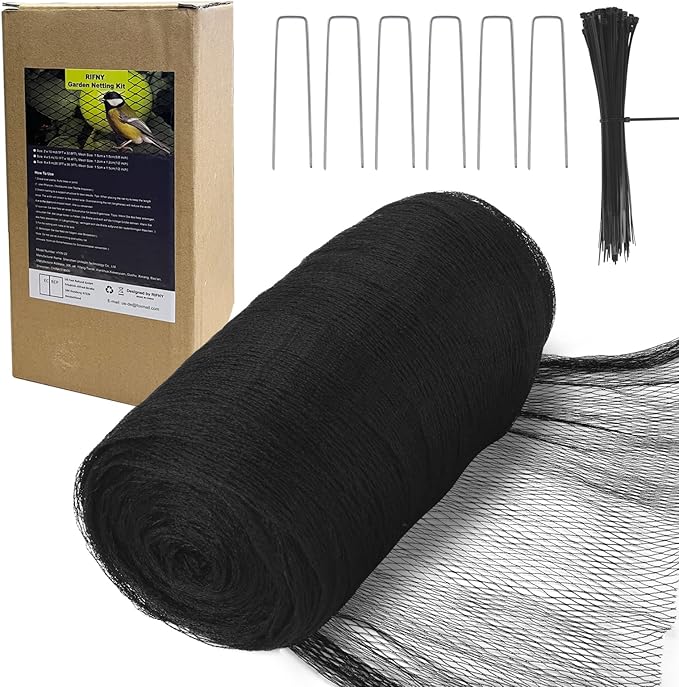 Bird Netting for Garden - 6.5 x 32.8 FT Heavy Duty Anti Bird Netting Mesh with Ties and Landscape Staples for Vegetable, Fruit Trees & Other Plants, Lasting Against Birds Deer Squirrels and Poultry