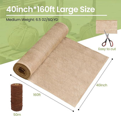 Burlap Roll, 40 x 160 ft, Heavy Duty Natural Jute Fabric for Weed Barrier, Tree Wrap, Gardening, Crafts, Wedding Decor (40IN*160FT)