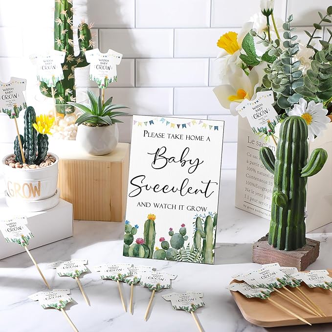 Newcotte Baby Shower Party Favors Succulent Tags Include 1 Piece Wooden Table Sign 50 Sets Succulent Plant Marker Succulent Favors Baby Shower Decoration(Cactus)
