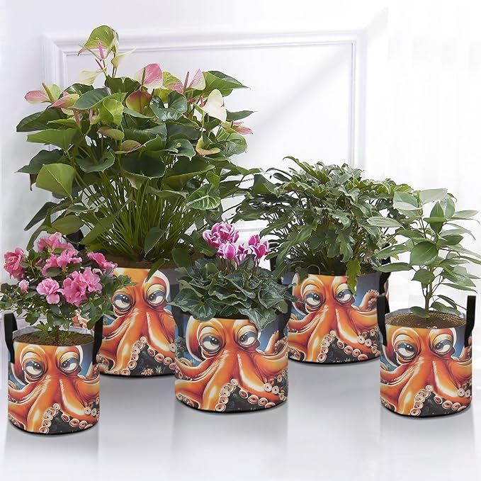 Fabric Plant Grow Bags Cute Octopus, 3Gallon Cloth Planting Pouch Flower Pot Thickened for Garden Vegetable Flower Planting