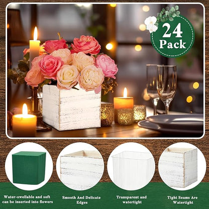 Dandat 24 Sets Wooden Cube Planter Boxes for Centerpiece 4 Inch Flower White Wood Rustic Square Vase with Removable Plastic Liner Floral Foam Block for Garden Wedding Home Arrangement Decor