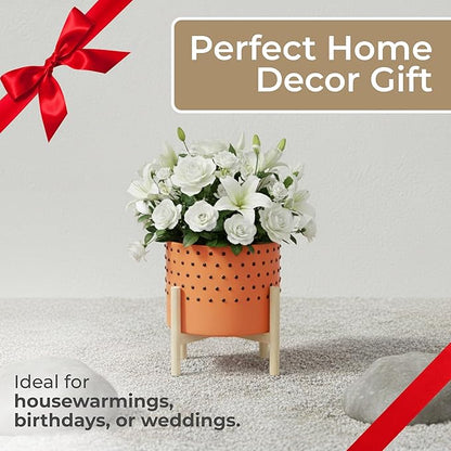 Dotted Decorative Planter Pot with Wood Stand – Vibrant Ceramic Stoneware Outdoor and Indoor Plant Pot – Modern Garden and Home Decor Planters – 10" x 11", Orange