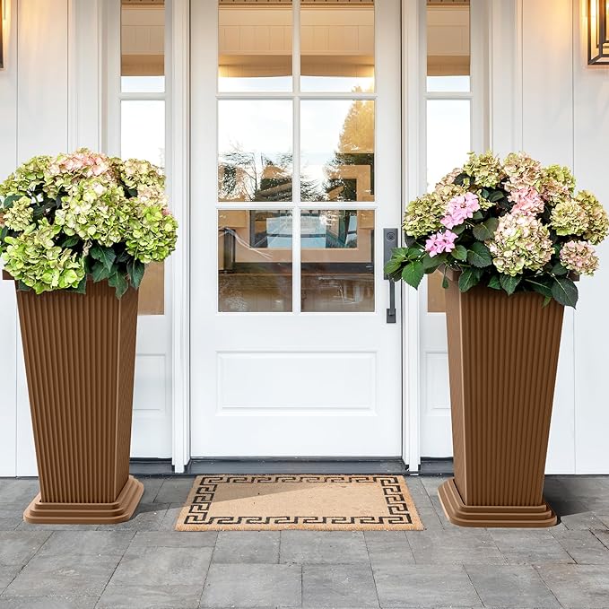 Set of 4 24" Tall Plastic Planters with Trays, Large Tapered Plant Pots for Indoor Outdoor Use, Modern Decorative Planters for Porch, Patio, Garden, and Backyard