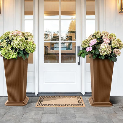 Set of 4 24" Tall Plastic Planters with Trays, Large Tapered Plant Pots for Indoor Outdoor Use, Modern Decorative Planters for Porch, Patio, Garden, and Backyard