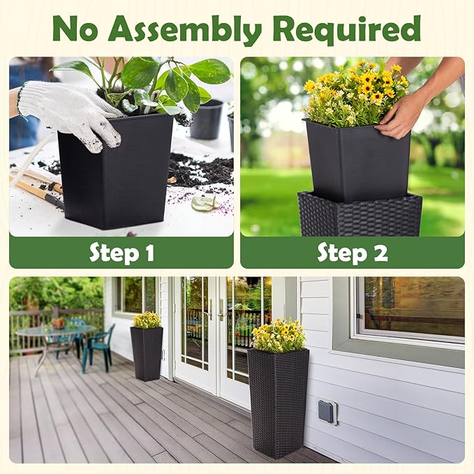 Idzo Wicker All-Weather Planter Set with Liners Tall Plant Decor Box for Outdoors Patio Herb Garden Furnishings - Rectangular Mocha