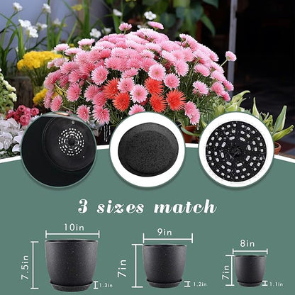 10/9/8 inch Plant Pots, 3 Pack Plastic Flower Pots Modern Flower Pots with Drainage Holes and Trays are for Indoor and Outdoor Plants, Herbs and Flowers,Black Speckles