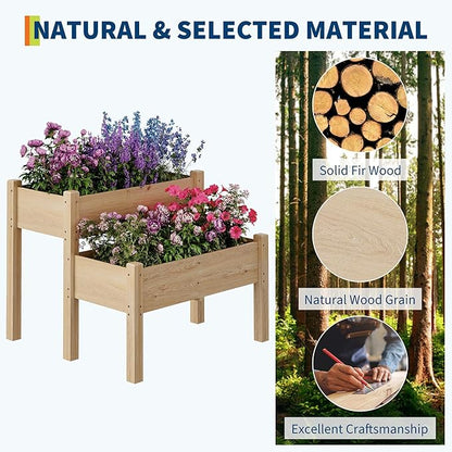 GarveeLife 34x34x29inches Two-Tier Wooden Raised Garden Bed with Legs, Large Elevated Outdoor Planter Box with 8 Drainage Holes, 352 Lbs Capacity for Vegetables, Herbs, Flowers, Backyard, Patio