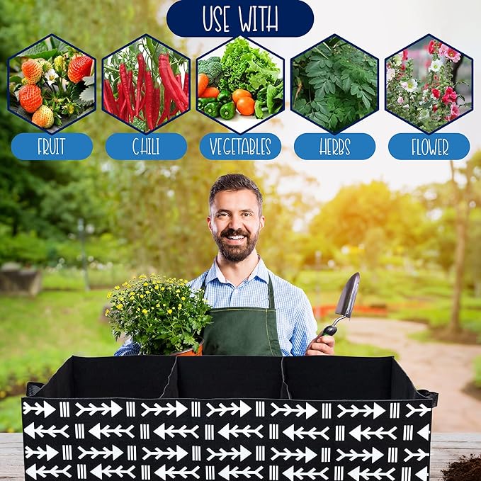 Giant Rectangular Grow Bag (30-Gallon); 3-Section Large Decorative Fabric Raised Bed Planter, 3 x 1.3 x 1 Foot