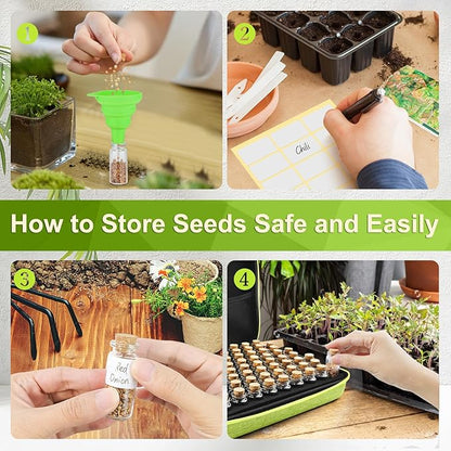 【80 Slots】 Seed Storage Organizer, Sturdy Organizer Box with Dual Zipper Bag and 84Pcs Label Stickers, Glass Seed Storage Container for Flower Vegetable Plants Garden Seeds Saving, Green