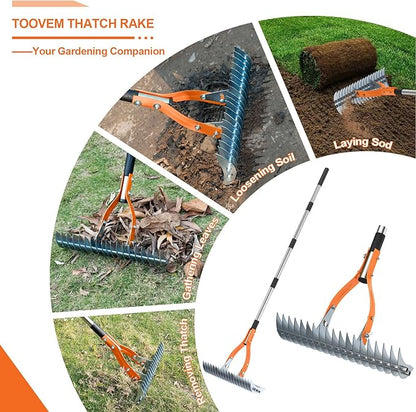 TOOVEM Thatch Rake, 15-inch Lawn Thatching Rake with Heavy Duty Steel Tines & Ergonomic Handle, 70'' Professional Dethatching Rakes for Cleaning Dead Grass, Yard Garden Durable Soil Rakes