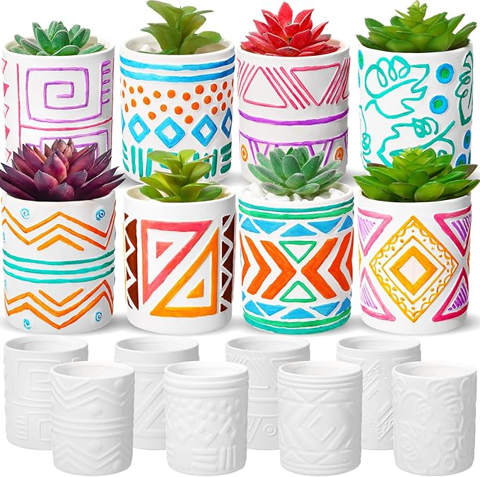 Zubebe 16 Pcs Paint Your Own Ceramic Pot Bulk Ready to Paint Ceramics Plant Pot DIY Mini Ceramic Succulent Pots in Bohemian Unfinished Pottery Mini Flower Planters Pots Painting Craft Supplies