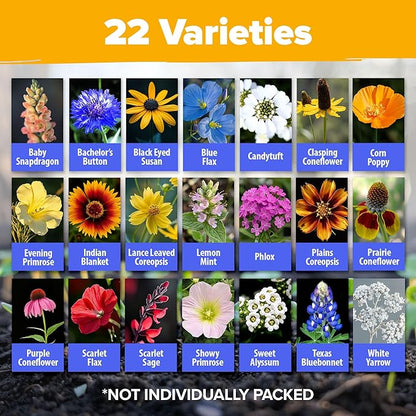 HOME GROWN 131,200+ Pure Wildflower Seeds 𝗨𝗦𝗔 - Premium Texas Flower Seeds [3 Oz] Perennial Garden Seeds for Birds & Butterflies - Wild Flowers Bulk Perennial: 22 Varieties Flower Seed for Planting