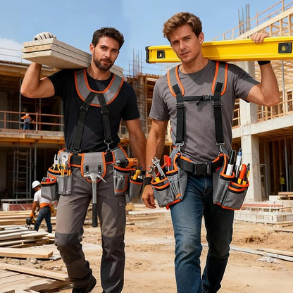 Tool Belt with Suspenders, Tool Belts for Men, Magnetic Wristband & Detachable Pouch – Heavy Duty Adjustable Belt for Electricians, Carpenters, DIY, Construction,Gift (Gray-Orange, Universal)