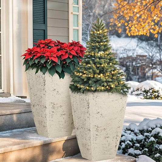 19" H Country White Square Planters for Outdoor Plants, Set of 2 Large Flower Pot with Drainage Hole, Weather-Resistant for Porch,Garden, Patio or Indoor Use