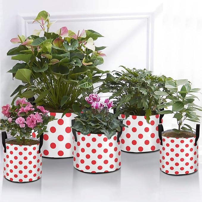 J JOYSAY Polka Dot Red White Plant Grow Bags 7 Gallon Plant Pots Heavy Duty Thickened Garden Pots with Handles for Potato Tomato Vegetables