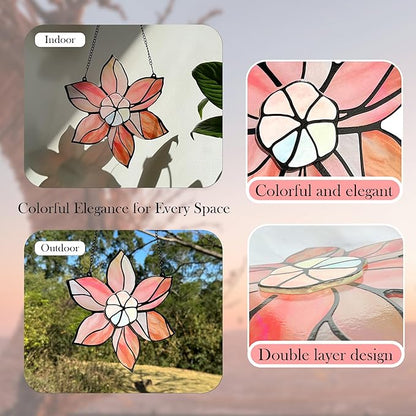 Stained Glass Window Hanging - Pink Flowers Suncatchers for Windows Hanging Floral Sun Catcher for Plant Lovers Anniversary Love Gift